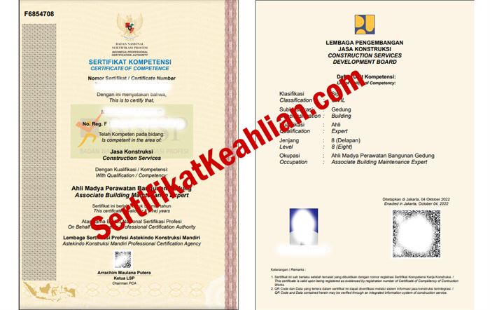Contoh Sertifikat Kompetensi Kerja (SKK) jabatan kerja Ahli Penilai Bangunan Hijau - LPJK BNSP